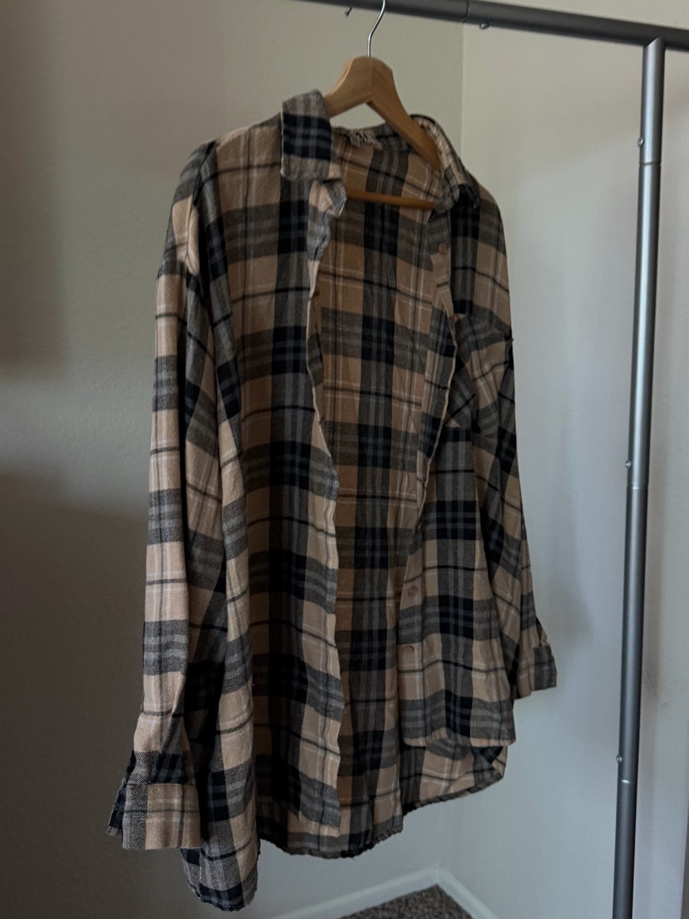 Women’s Tan and Black Plaid Flannel Shirt